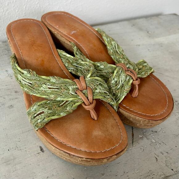 Toscanella leather and fabric platform cork flip flops made in Italy boho sage 7 - Picture 8 of 13